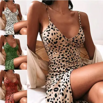 Leopard Print V-Neck Suspender Dress Women