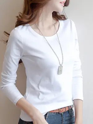 Women White Crewneck Long Sleeve T-Shirt Slim Fit