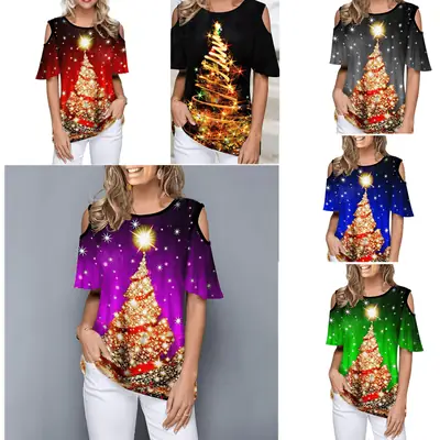 Women's 2021 Christmas Printed T-Shirt Cold Shoulder White