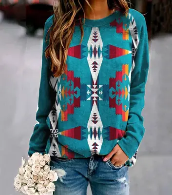 Women's 2021 Geometric Print Sweater Teal Red White