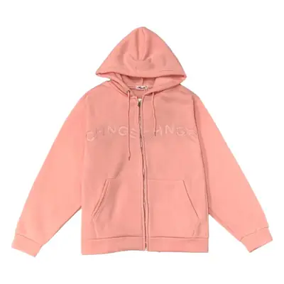 Pink Cotton Embroidered Hooded Zipper Jacket for Women