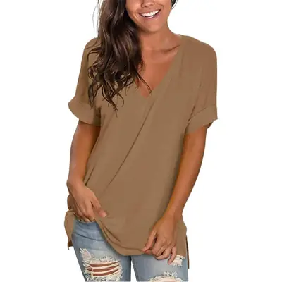 2025 V-Neck Yellow T-Shirt Side Slit Short Sleeve