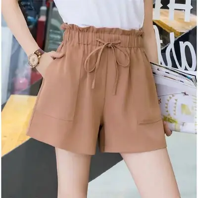 Women Drawstring High Waist Shorts Brown Large 2021