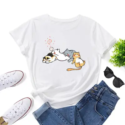 Women's Pink Cat Print T-Shirt Loose Fit Short Sleeve