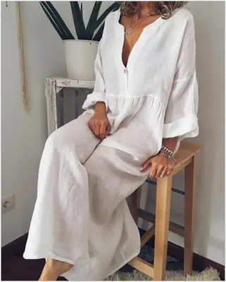 Black Linen V-Neck Long Sleeve Dress for Women