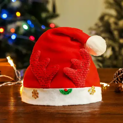 Red Christmas Hat with Gold Antlers and White Trim