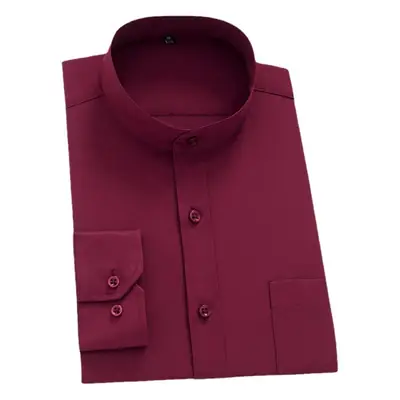 New Men's Chinese Collar Shirt White Maroon No Iron
