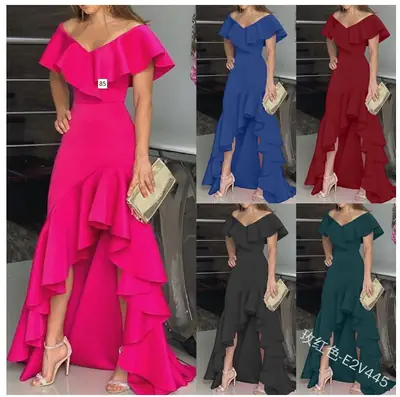 Women's V Neck Ruffled Dress Pink Asymmetrical