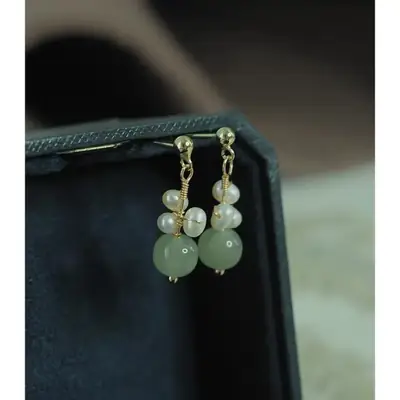 Elegant Green Jade Pearl Gold Bean Earrings for Women