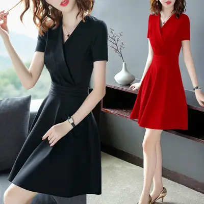 2020 Summer Women V-neck Slim Fit Red Dress