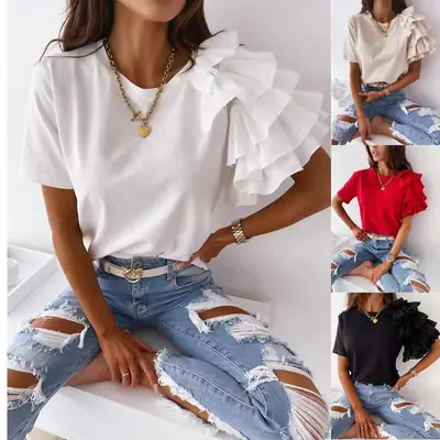 2021 Summer Ruffled T-Shirt White Short Sleeve