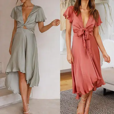 Women's Grey V-Neck Irregular Skirt Dress 2021