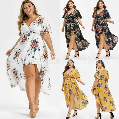 2023 Plus Size Printed Hem Slit Irregular Dress