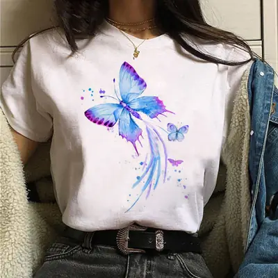Women's White Butterfly Print TT-Shirt Summer Casual Wear