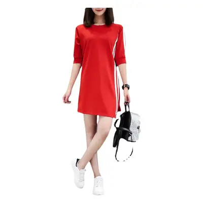 Women Red Three Quarter Sleeve Casual Dress Mid Length