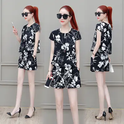 Women's Black Floral Shorts Set Plus Size Summer Wear