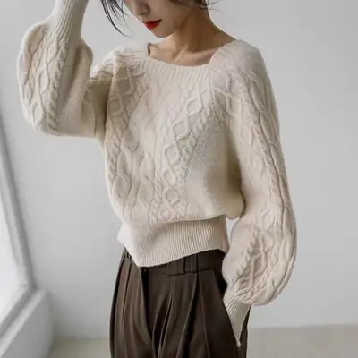 Women's Knitted Square Collar Pullover Sweater Set