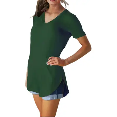 Women V Neck Loose Summer T-Shirt Olive Green 5XL