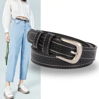 Women's Black Leather Belt with Silver Buckle