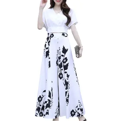 Women Printed Culottes White Black Floral High Waist Slimming Pants