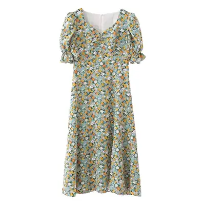 2024 Summer Floral Green Slim Fit Dress with Puff Sleeves