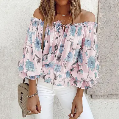 Women's Floral Chiffon Off-Shoulder Top with Ruffled Sleeves
