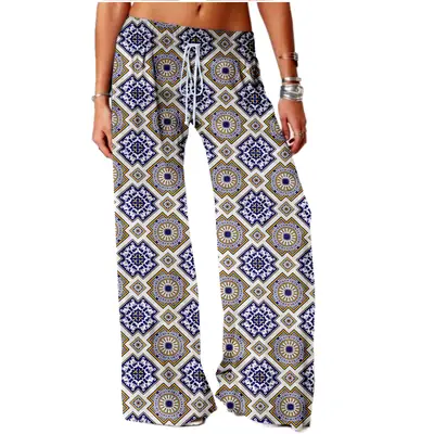 Women Vintage Printed Yoga Pants Brown Wide Leg