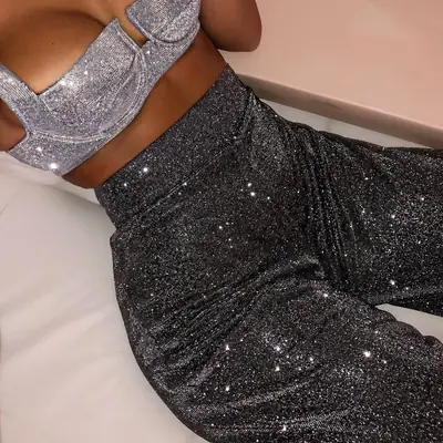 Women Wide Leg Pants Silver Glitter High Waist Loose Fit