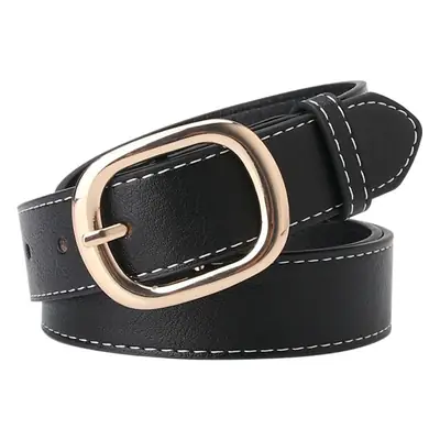 Black Leather Belt with Gold Buckle for Women