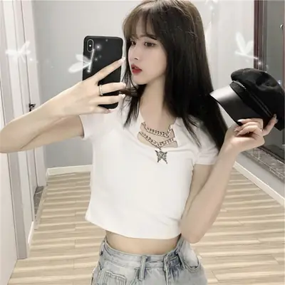 Black Hollow Butterfly Chain Short Sleeve T-Shirt Women