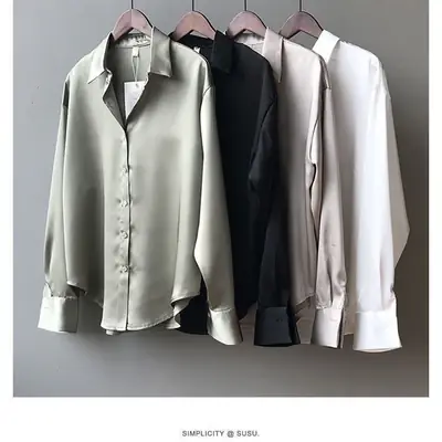 2021 Silk Satin Women's Shirt Light White Loose Fit