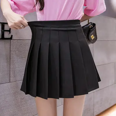 Women's Elastic Waist Pleated Skirt Black White
