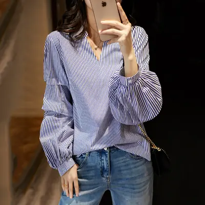 Women V Neck Striped Shirt Blue White Lantern Sleeve 2025