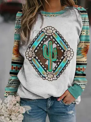 Women Long Sleeve Cactus Print Sweater Grey