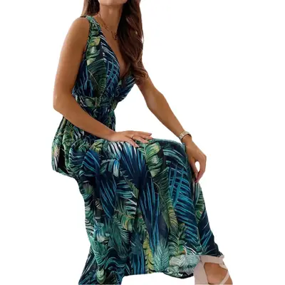 Printed Backless Long Skirt V Neck Strappy Dress