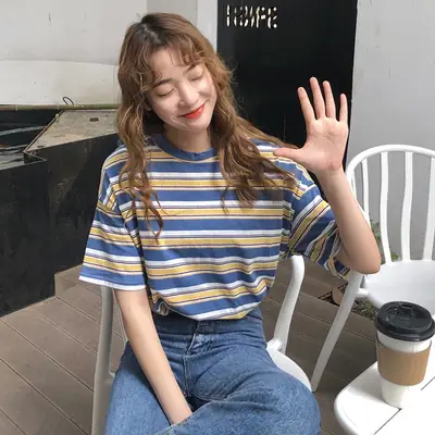Women Loose Striped T-Shirt 2025 Summer Casual Wear