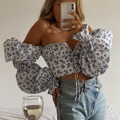 2024 Floral Bell Sleeve Lace-Up Top for Women