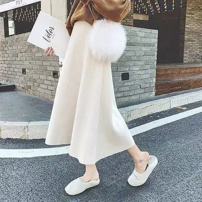 Women Knitted A-Line Woolen Skirt Blue Mid Length