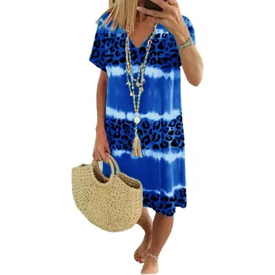 2024 Women Leopard Print Midi Dress Green Tie Dye Casual