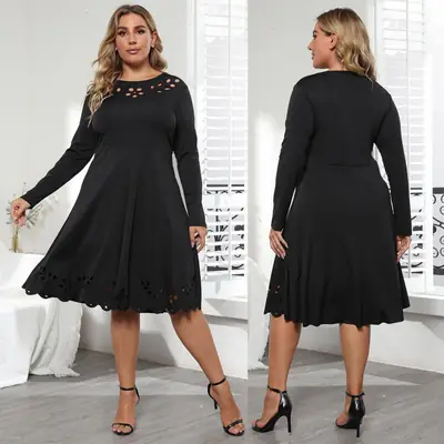 Women's Black Long Sleeve Hollow Out Dress Large