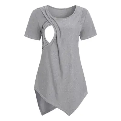 2021 Grey Irregular Round Neck T-Shirt for Women