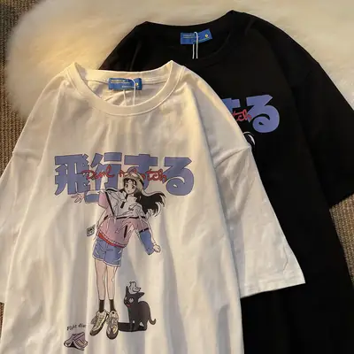 Women Japanese Cartoon Print Loose White T-Shirt 2025