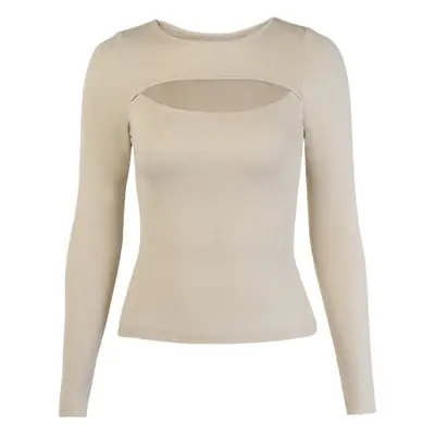 Pink Cut Out Long Sleeve Ribbed T-Shirt for Women