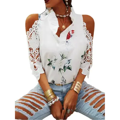 2023 Green Floral Off-Shoulder Lace Sleeves T-Shirt for Women