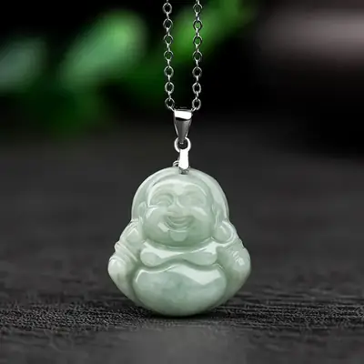 Natural Burma Jade Buddha Pendant Light Green S925 Silver