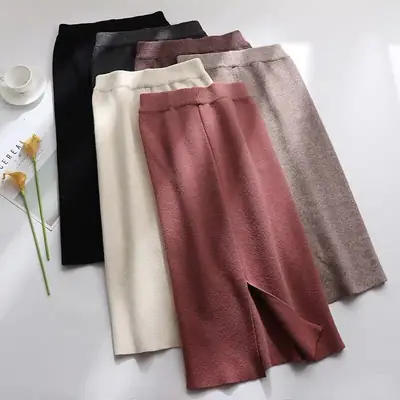 Women Mid-Length Knitted Skirt High Waist Slimming Hip Hug