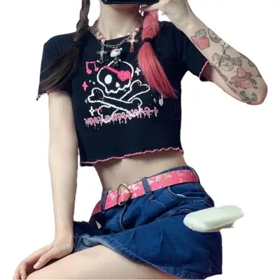 Women 2025 Dark Cartoon Crop Top Short Sleeve
