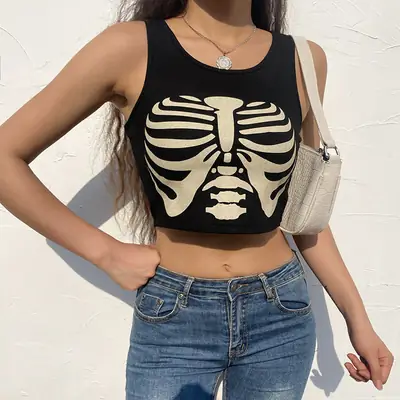 Gothic Print Vest Skull Print Black Top