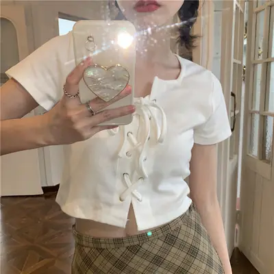 2023 Summer Women's Lace-up T-shirt Navel Exposed Slim Fit