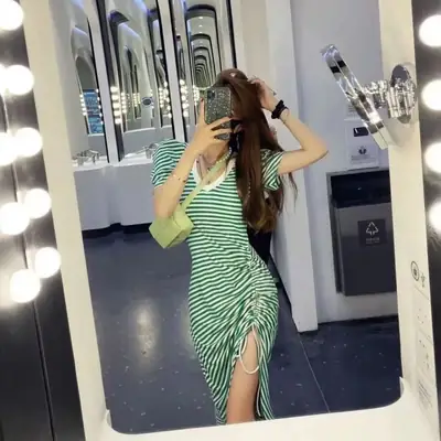 Women Long Skirt Striped Dress 2021 Summer Split